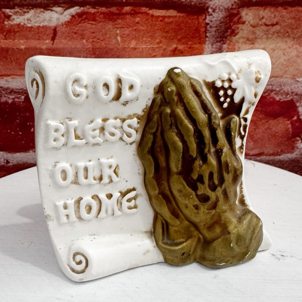Vintage Enesco God Bless Our Home Napkin Holder Gold Praying Hands